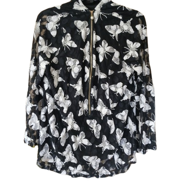 Nextmia Chiffon Butterfly Embroidered black/wht Lined flowy Whimsy blouse Size14 - Picture 3 of 8